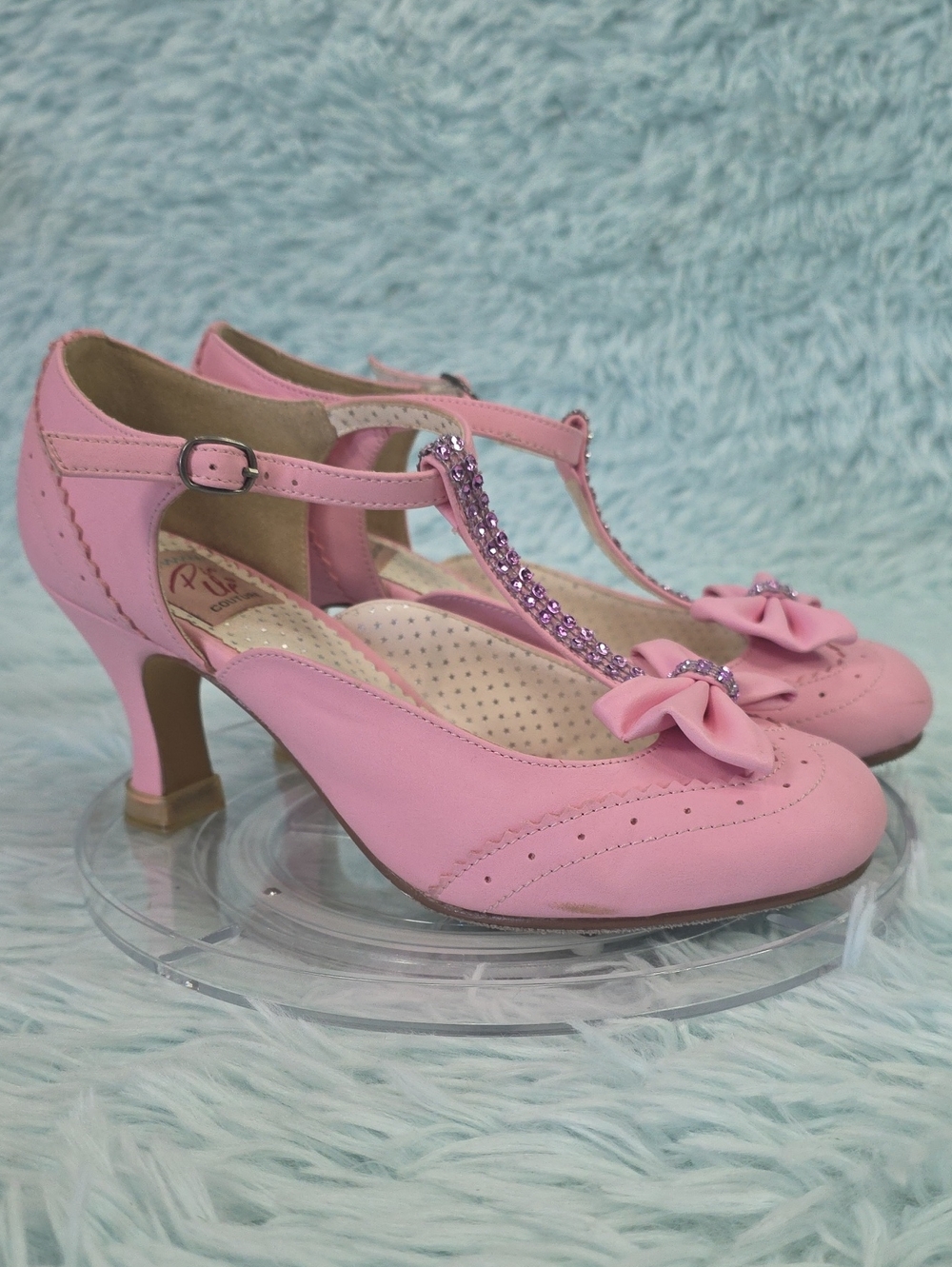 Pinup Couture Pink Flapper-11 T‑Strap Bow Kitten Heels with Crystal Accents Sz 8